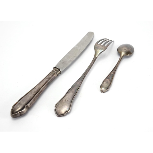 239 - German 800 grade silver fork, knife and spoon with engraved monogram EB, reputably previously owned ... 