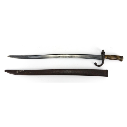 254 - 19th century French Military interest St Etienne long bayonet with scabbard, impressed numbers, 70.5... 