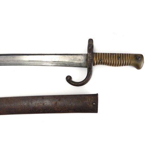 254 - 19th century French Military interest St Etienne long bayonet with scabbard, impressed numbers, 70.5... 