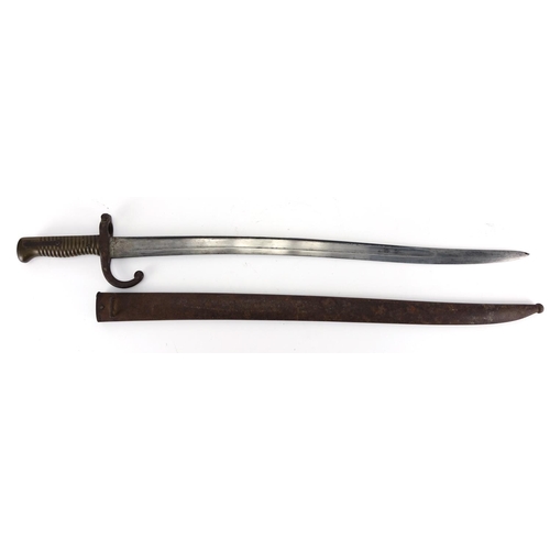 254 - 19th century French Military interest St Etienne long bayonet with scabbard, impressed numbers, 70.5... 