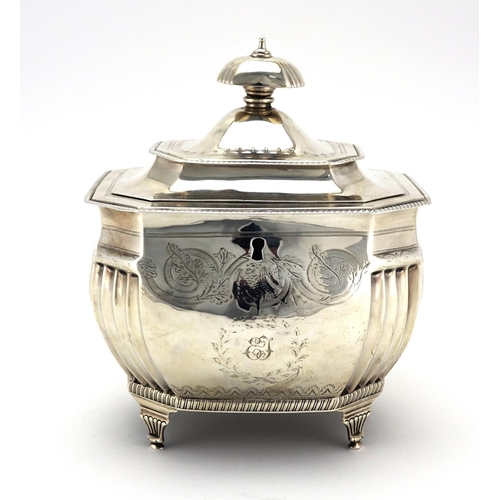 601 - Georgian silver lockable tea caddy, with engraved decoration, raised on four feet, by William Batema... 