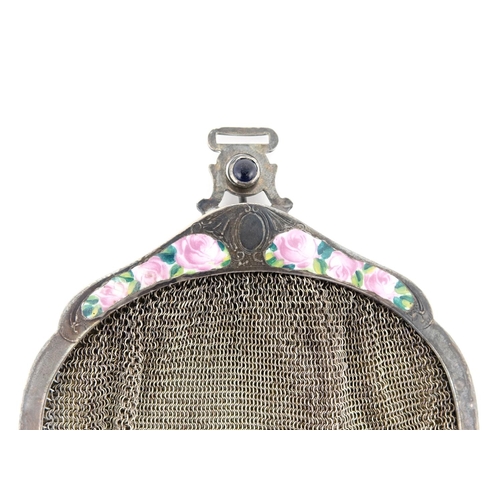 649 - Unmarked silver coloured metal chain link purse, enamelled with roses and blue cabochon stone push b... 