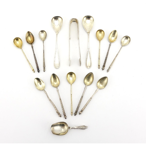 661 - Russian silver flatware including a set of six silver teaspoons and a pair of sugar tongs, each with... 
