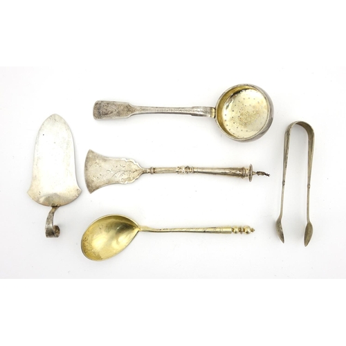 659 - Russian silver flatware including a sifting spoon, cake server and a pair of white metal sugar tongs... 