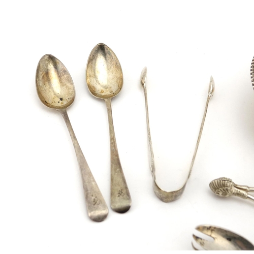 654 - Silver objects including circular bowl, Victorian sugar nips and Georgian teaspoons, various hallmar... 