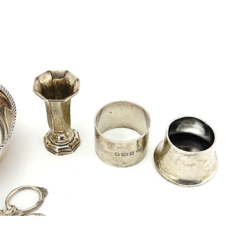 654 - Silver objects including circular bowl, Victorian sugar nips and Georgian teaspoons, various hallmar... 