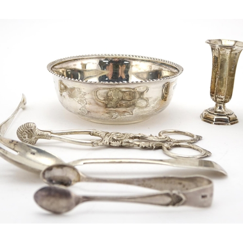 654 - Silver objects including circular bowl, Victorian sugar nips and Georgian teaspoons, various hallmar... 