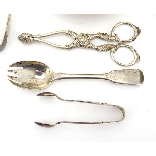 654 - Silver objects including circular bowl, Victorian sugar nips and Georgian teaspoons, various hallmar... 