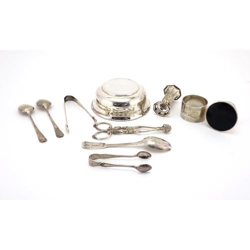 654 - Silver objects including circular bowl, Victorian sugar nips and Georgian teaspoons, various hallmar... 