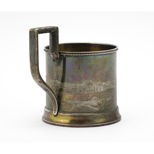 621 - Russian silver cup engraved with horses pulling sleigh, marked 84 to the base, 9.5cm high, approxima... 