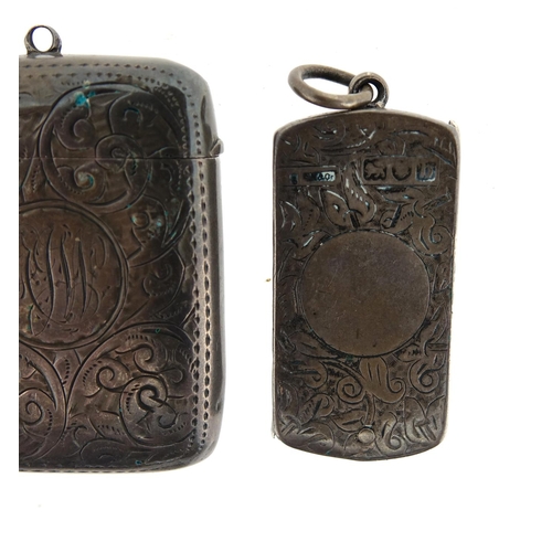 639 - Three Victorian silver vesta's with engraved floral decoration, Birmingham hallmarks, the largest 5c... 