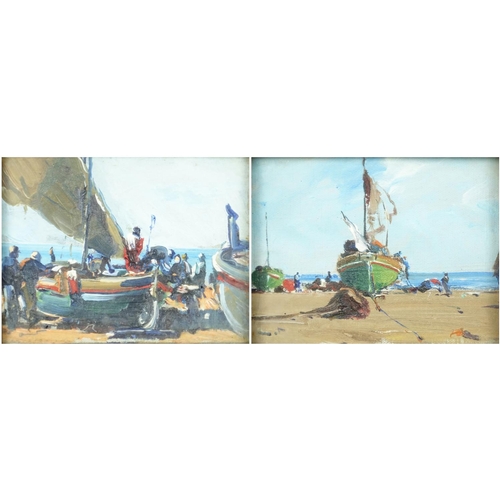 918 - Figures and fishing boats, pair of Maltese oil on canvas boards, one with label verso, framed, each ... 