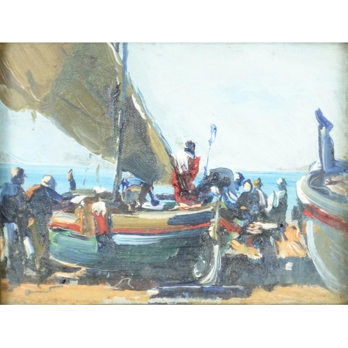 918 - Figures and fishing boats, pair of Maltese oil on canvas boards, one with label verso, framed, each ... 