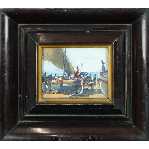 918 - Figures and fishing boats, pair of Maltese oil on canvas boards, one with label verso, framed, each ... 