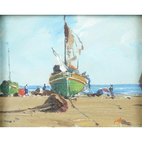 918 - Figures and fishing boats, pair of Maltese oil on canvas boards, one with label verso, framed, each ... 