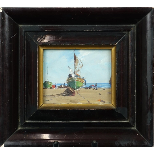 918 - Figures and fishing boats, pair of Maltese oil on canvas boards, one with label verso, framed, each ... 