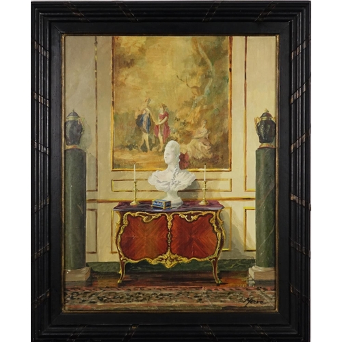 1009 - Robert Moore - White bust on Louis XVI Commode and one other, two oil on boards, each with Lucy B Ca... 