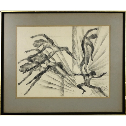 1012 - Surreal figures, two French school pencil drawings, each bearing a signature C Buffet, mounted and f... 