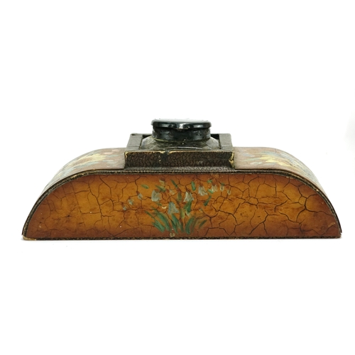 23 - Three piece leather desk set comprising a letter rack, inkwell and blotter, each hand painted with f... 