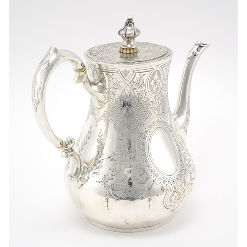 603 - Victorian silver coffee pot, with engraved decoration, by Charles Boyton, London 1866, 22cm high, ap... 
