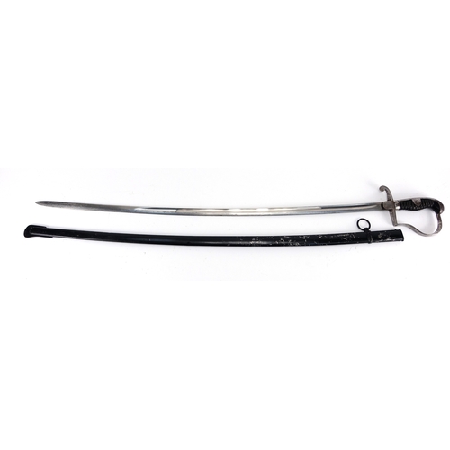 253 - German Military interest sword with scabbard, impressed marks to the blade, 98cm in length