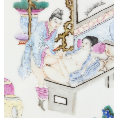 271 - Pair of Chinese porcelain panels, each hand painted in the famille rose palette with erotic scenes a... 