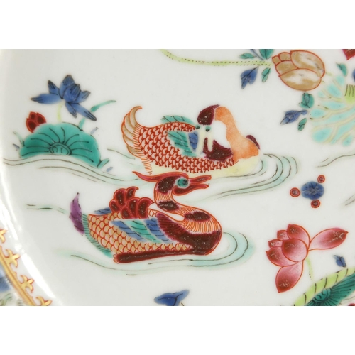 292 - Chinese porcelain shallow dish, hand painted in the famille rose palette with ducks in water, flower... 