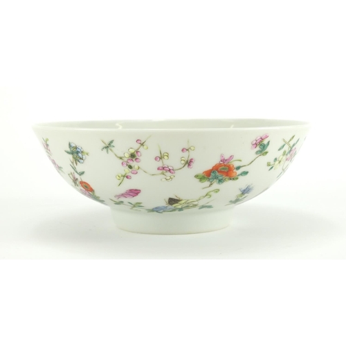 293 - Chinese porcelain footed bowl, finely hand painted in the famille rose palette with crickets amongst... 