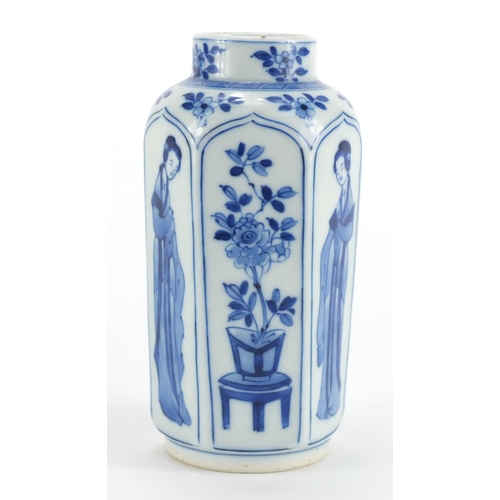 314 - Chinese blue and white porcelain hexagonal vase, hand painted six with panels of young females and f... 