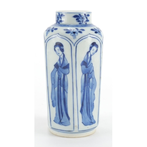 314 - Chinese blue and white porcelain hexagonal vase, hand painted six with panels of young females and f... 