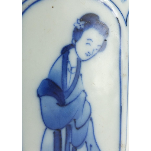 314 - Chinese blue and white porcelain hexagonal vase, hand painted six with panels of young females and f... 