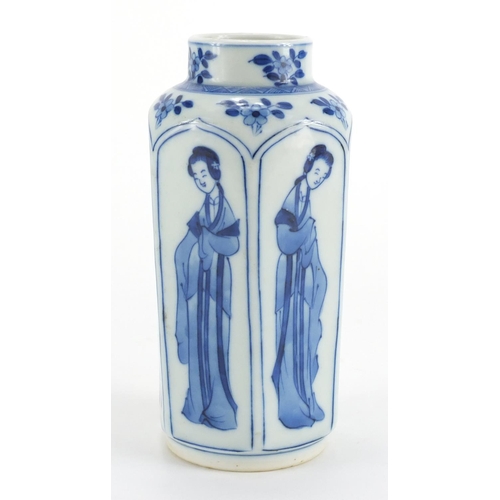 314 - Chinese blue and white porcelain hexagonal vase, hand painted six with panels of young females and f... 