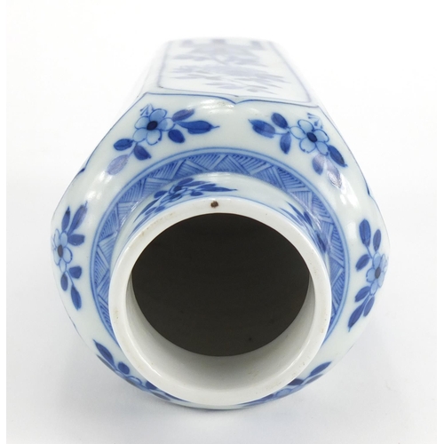 314 - Chinese blue and white porcelain hexagonal vase, hand painted six with panels of young females and f... 