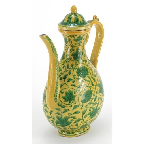 342 - Chinese porcelain yellow ground wine ewer, hand painted with flower heads amongst foliate scrolls, s... 