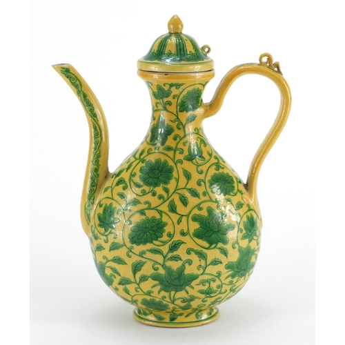 342 - Chinese porcelain yellow ground wine ewer, hand painted with flower heads amongst foliate scrolls, s... 