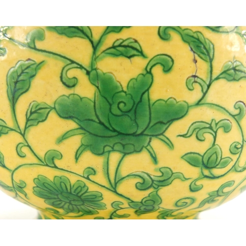 342 - Chinese porcelain yellow ground wine ewer, hand painted with flower heads amongst foliate scrolls, s... 