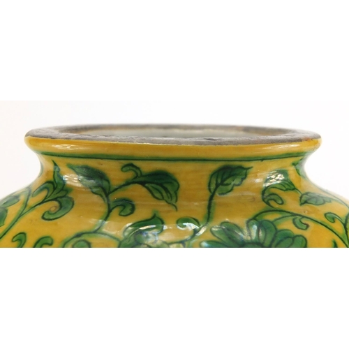 342 - Chinese porcelain yellow ground wine ewer, hand painted with flower heads amongst foliate scrolls, s... 