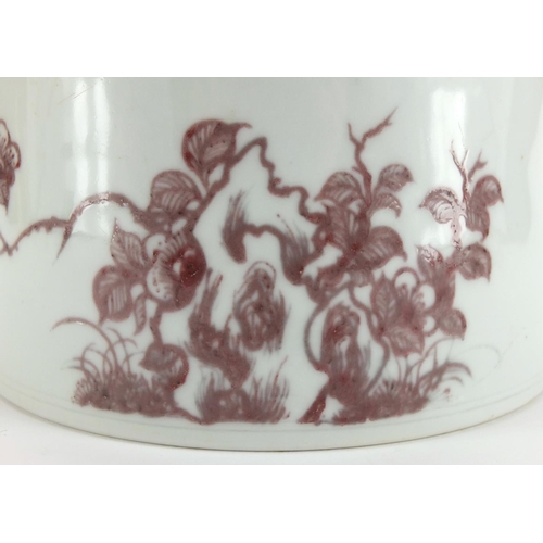 343 - Chinese porcelain cylindrical brush pot, hand painted in iron red with butterflies amongst flowers, ... 