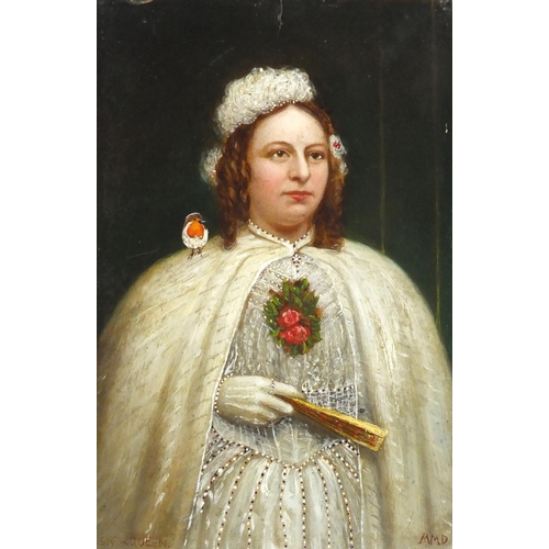 926 - Top half portrait of a female wearing an overcoat, Snow Queen, antique oil on card, bearing a monogr... 