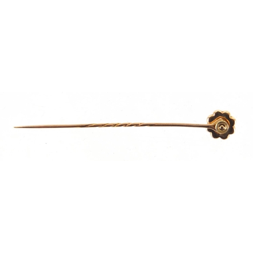 750 - Unmarked diamond and seed pearl tie pin, housed in a Junghans tooled leather box, 7cm in length, app... 