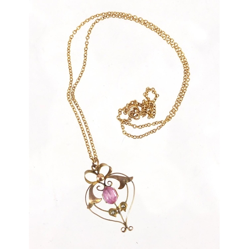 775 - Art Nouveau 9ct gold pink stone and seed pearl pendant, on a 9ct gold necklace, the pendant 3.2cm in... 