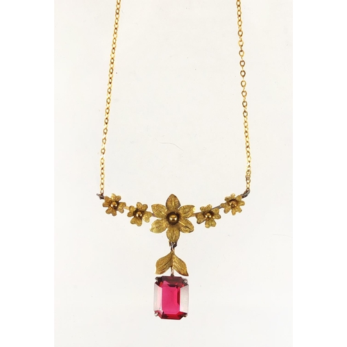 786 - 9ct gold garnet flower head necklace, 40cm in length, approximate weight 3.1g