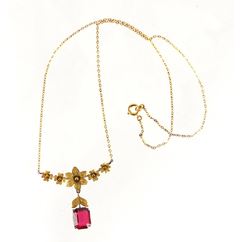 786 - 9ct gold garnet flower head necklace, 40cm in length, approximate weight 3.1g