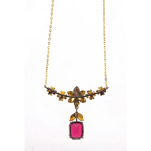 786 - 9ct gold garnet flower head necklace, 40cm in length, approximate weight 3.1g