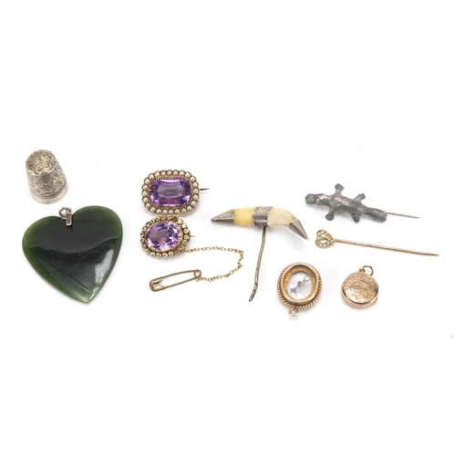 795 - Antique and later jewellery including a Victorian unmarked gold amethyst and seed pearl brooch, unma... 