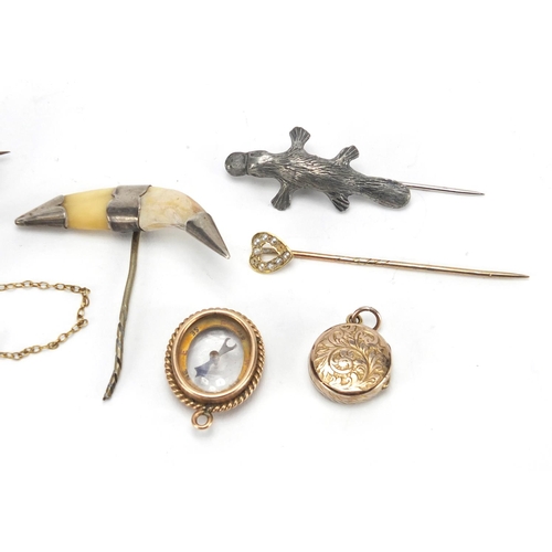 795 - Antique and later jewellery including a Victorian unmarked gold amethyst and seed pearl brooch, unma... 