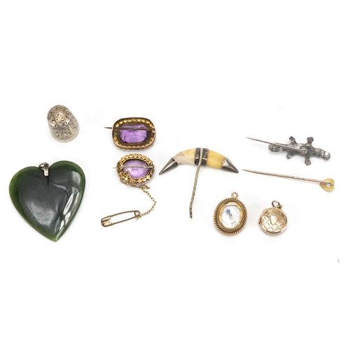 795 - Antique and later jewellery including a Victorian unmarked gold amethyst and seed pearl brooch, unma... 