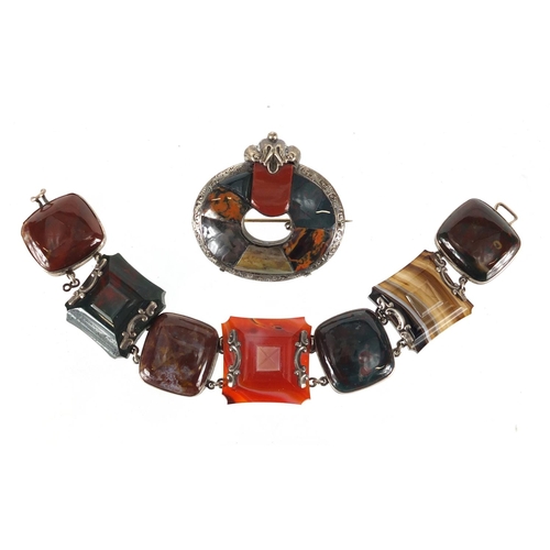 796 - Scottish silver agate and hard stone bracelet and brooch, the bracelet 17cm in length, approximate w... 