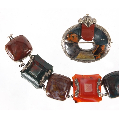 796 - Scottish silver agate and hard stone bracelet and brooch, the bracelet 17cm in length, approximate w... 