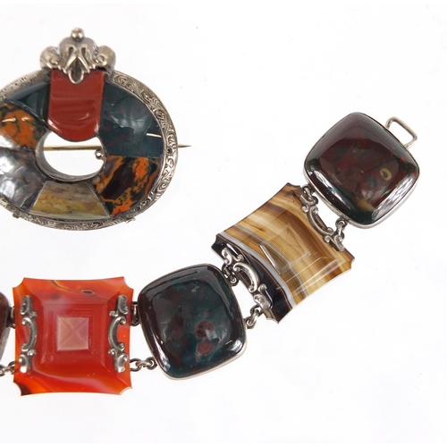 796 - Scottish silver agate and hard stone bracelet and brooch, the bracelet 17cm in length, approximate w... 